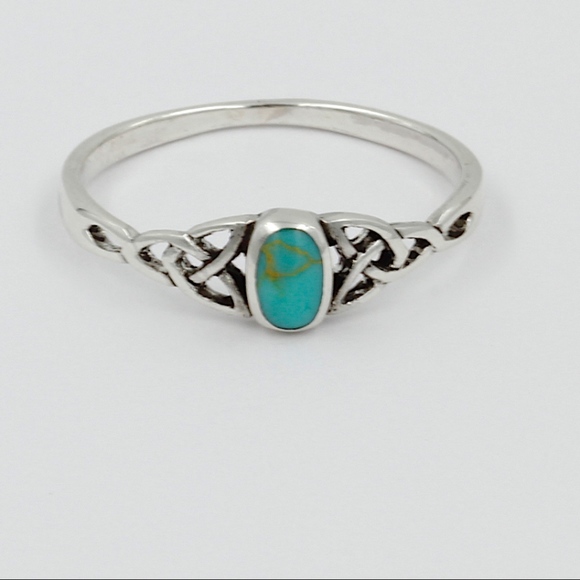 Turquoise Triquetras Band Ring 925 Sterling Silve - Picture 3 of 8